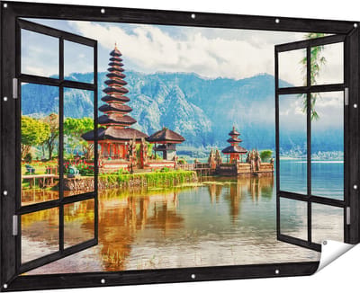 Gards Tuinposter Doorkijk Pura Tempel in Bali op het meer Beratan - 180x120 cm - Tuindoek - Tuindecoratie - Wanddecoratie buiten - Tuinschilderij