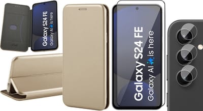 Hoesje geschikt voor Samsung Galaxy S24 FE - Screenprotector Volledig Dekkend Glas & Camera - Wallet Book Case Goud