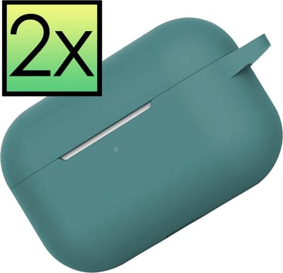 Hoes - 2 Stuks - Geschikt voor Apple Airpods Pro - Siliconen Hoesje met Clip - Silicone Case Cover - Midnight Green
