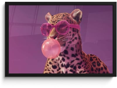Poster in lijst - Fotolijst 60x40 cm - Posters - Panter - Zonnebril - Kauwgombel - Roze - Posterlijst zwart - Decoratie - Wanddecoratie woonkamer - Muurdecoratie slaapkamer