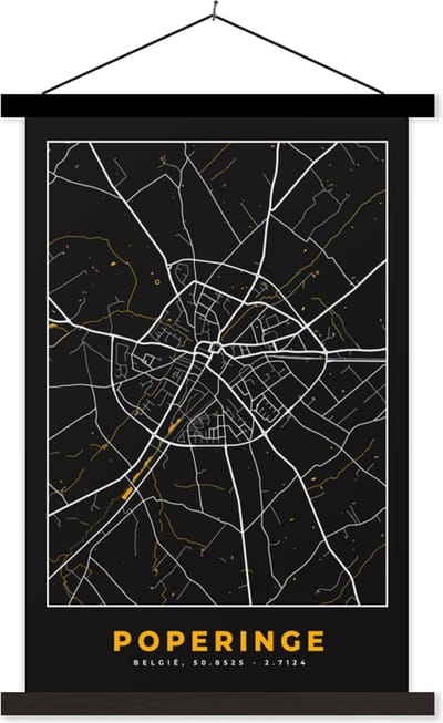 Posterhanger incl. Poster 40x60 cm - Schoolplaat - Black & gold - Poperinge - Stadskaart - Plattegrond - Kaart - Textielposter - Zwarte latten - Stadskaart