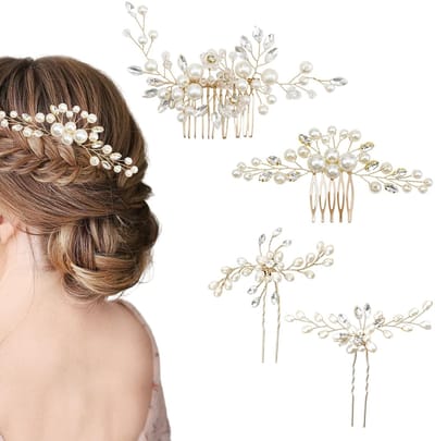 Dailygoods- Haarkam Bruiloft - 4 Stuks - Kunstparels/Glas - Gouden/Witte Haaraccessoires - Lichtgewicht/Duurzaam - Geschikt voor Diverse Kapsels - Haaraccessoire