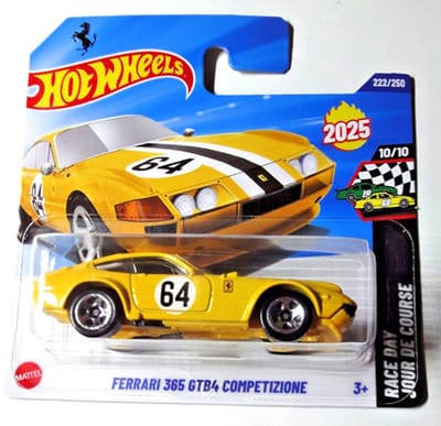 HOT WHEELS FERRARI 365 GTB4 COMPETIZIONE YELLOW 22/250 RACE DAY 10/10 SHORT CARD 2025