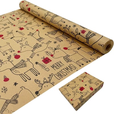 Kerstcadeaupapier voor cadeaus- Kerstmis decoratie - Kerstmis - Kraftpapierrol bedrukt met feestelijk rendierpatroon - Recyclebaar cadeaupapier