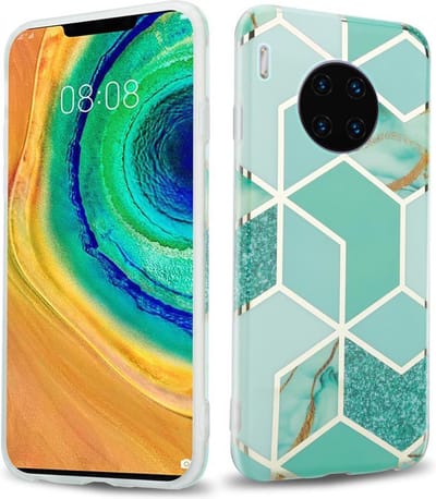 Cadorabo Hoesje geschikt voor Huawei MATE 30 PRO in Groen Lichtgroen Goud Marmer No. 3 - Beschermhoes gemaakt van TPU siliconen Case Cover met mozaïek motief