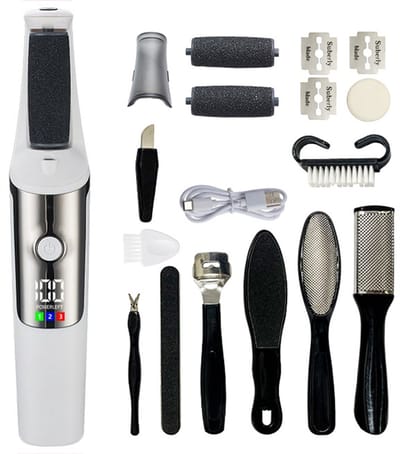Professionele eeltverwijderaar – Voetverzorgings- en pedicureset – Elektrisch voetverzorgingsapparaat – Automatische voetscrub voor eeltverwijdering – Pedicuretools – USB-interface – Ingebouwde 1200mAh-batterij – 10-delige set – Wit