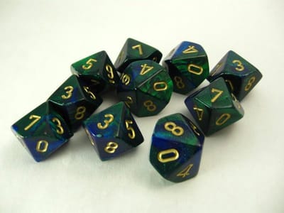 Chessex Gemini Blauw-Groen/goud D10 Dobbelsteenset (10 stuks)