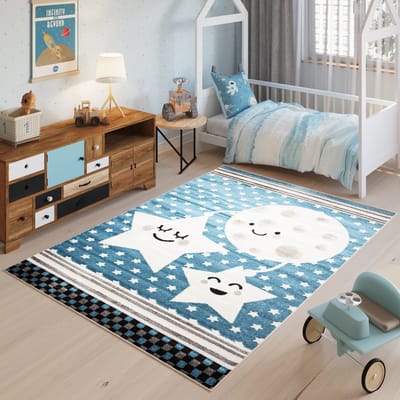 Tapiso Fiesta Vloerkleed Blauw Beige Sterren Kinderkamer Tapijt Maat- 80x150