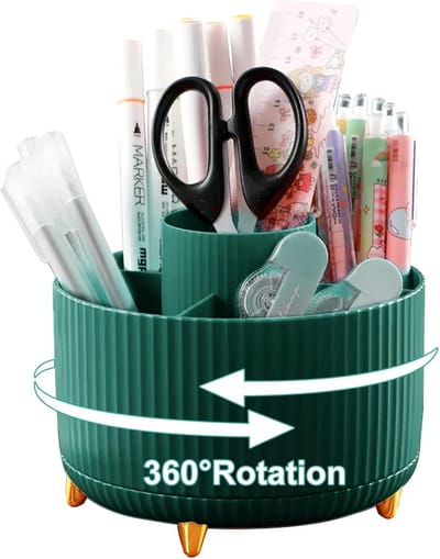 Bureauorganizer, 360 graden draaibare kantoororganizer, pennenhouder, 5 sorteervakken voor pennen, nietmachine, mapclips, plaknotities, ruimtebesparende bureauorganizer (groen)