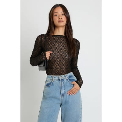 boohoo Dames Lange Kanten Bodysuit Met Lange Mouwen | Zwart | Maat: 38