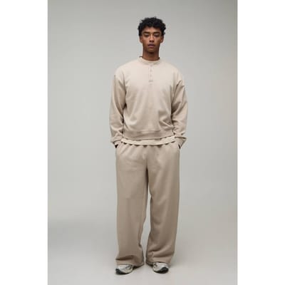 Oversized Boxy Henley Sweatshirt En Wijde Pijpen Joggingbroek | Stone | Size XS