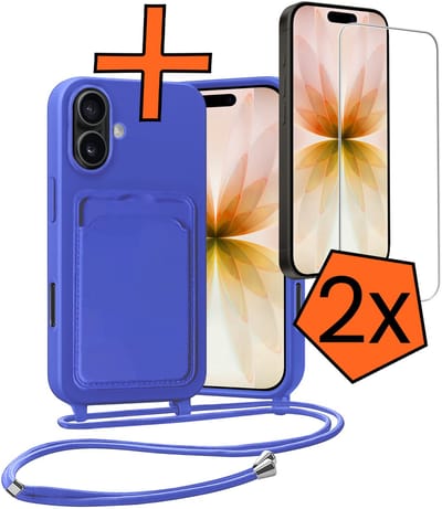 Hoesje Geschikt voor iPhone 17 Hoesje Met Telefoonketting Pasjeshouder Case Met 2x Screenprotector Koord - Hoesje Geschikt voor iPhone 17 Hoes Met Kaarthouder - Felblauw