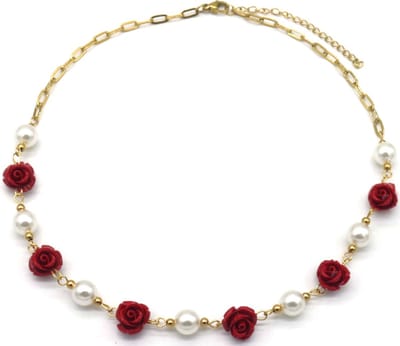 Ketting met Parels en Rozen - RVS - Lengte 39-44 cm - Goudkleurig