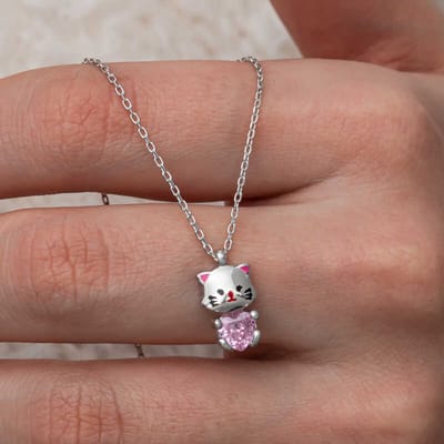 925 Sterling Zilveren Damesketting – Handgemaakt Kat Design – Roze Steen – Cadeau voor Haar – Elegant & Schattig Sieraad