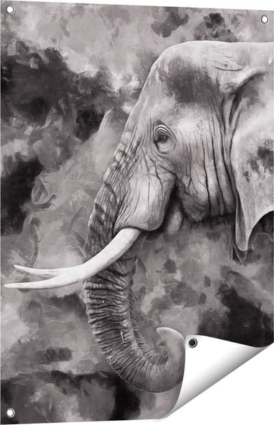 Gards Tuinposter Olifant - Abstract - Zwart Wit - 60x80 cm - Tuindoek - Tuindecoratie - Wanddecoratie buiten - Tuinschilderij