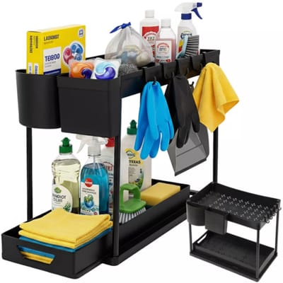 Ruhhy gootsteen organizer 2-laags – zwart rek met uittrekbare planken voor keuken en badkamer