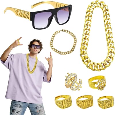 8-delige Hip Hop Feestdecoratie Set met Kostuums, Accessoires en Neppengeld voor 80s en 90s Themafeest