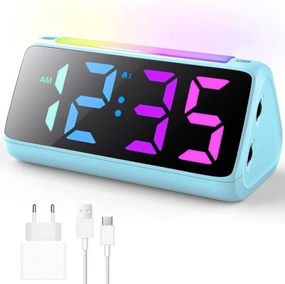 SnelShoppen - Digitale Kinderwekker met Kleurrijke LED Display, Nachtlampje, Dimbaar van 0-100%, 2 Alarmen, Snooze Functie, 3 Geluidsniveaus, USB Opla