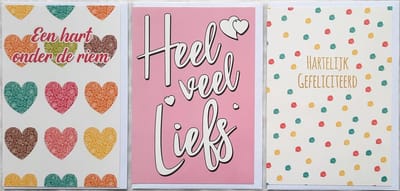 3 Wenskaarten - Heel Veel Liefs + Een Hart onder de Riem + Hartelijk Gefeliciteerd - 12 x 17 cm – HEEL-302