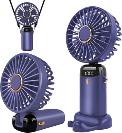 Handventilator, draagbare, oplaadbare USB-ventilator met 5 windsnelheden, mini-ventilator op batterijen, opvouwbare tafelventilator met LED-display, geschikt voor thuis, kantoor, slaapkamer en onderweg (lichtblauw).