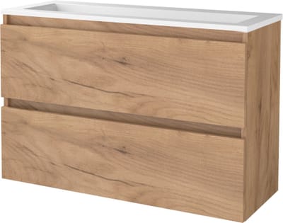 Basic Start 39 badmeubelset met greeploze wastafelonderkast met 2 lades en acryl wastafel zonder kraangaten 100 x 39 cm, whisky oak