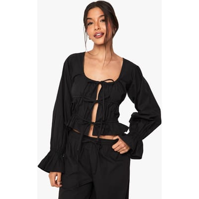 boohoo Dames Cotton Poplin Top met Stropdasdetail | Zwart | Maat: 38