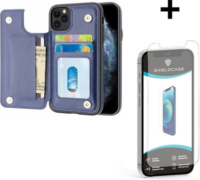 ShieldCase Wallet case geschikt voor Apple iPhone 12 / 12 Pro - 6.1 inch - ruimte voor pasjes - pasjeshouder - portemonnee - blauw + glazen Screen Protector