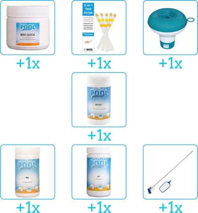 Zwembad Onderhoudspakket - Onderhoud Zwembad - bevat Chloor - Testrips - Chloordrijver - Chloor - PH-min - PH-plus en Schoonmaakset (7-delig)