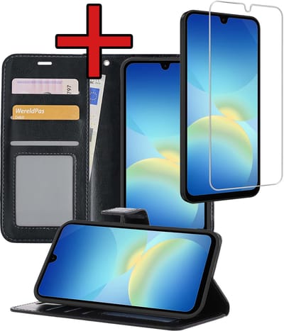 Hoesje - Met Screenprotector - Geschikt voor Samsung Galaxy A26 - Luxe Pasjeshouder - Flipcase - Bookcase Portemonee - Flip Case - Kunstleer Book Case - Book Cover - Walletcase - Portemonneehoes - Telefoonhoes - Zwart