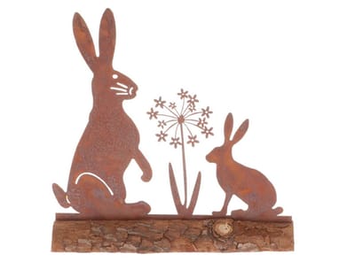 Deco object Konijnen met bloem metaal op hout 20x5x20,5cm Rusty-roestkleur