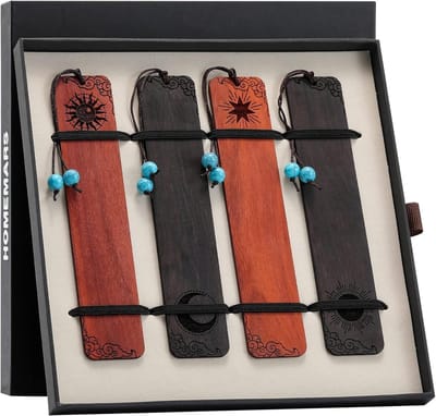 Houten Bladwijzers - Boekenleggers Set - Lezen en Cadeau - Handgemaakt Uniek Ontwerp - 14cm Lengte - Zon & Ster