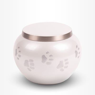 Dieren Urn Hond Kat Middel 900 ml Wit Zilverkleurig Pootjes Glans - Dieren Urn voor As Crematie - Urn Hond - Urn Kat