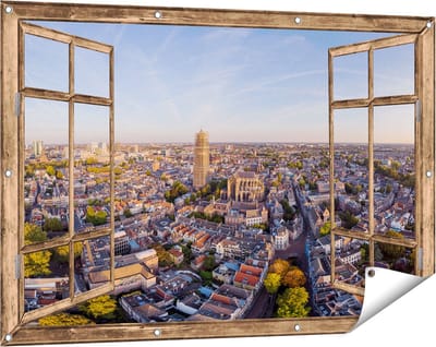 Gards Tuinposter Doorkijk Utrecht vanuit de Lucht - 120x80 cm - Tuindoek - Tuindecoratie - Wanddecoratie buiten - Tuinschilderij