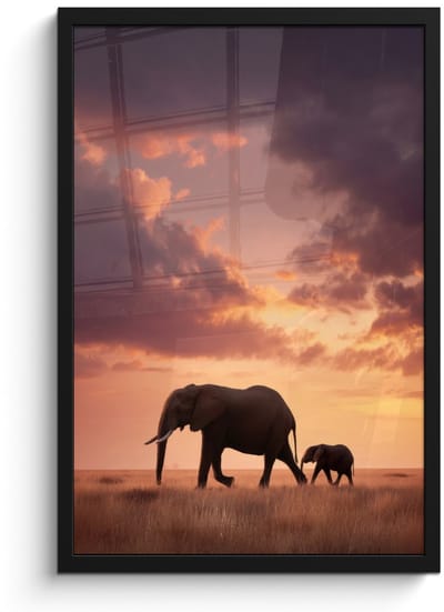 Poster in lijst - Fotolijst 40x60 cm - Posters - Olifanten - Grasland - Zonsondergang - Posterlijst zwart - Decoratie - Wanddecoratie woonkamer - Muurdecoratie slaapkamer