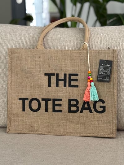 Damestas - The Tote Bag - Linnen - Bruin met zwarte letters - Extra Flos - 42 x 32 cm.