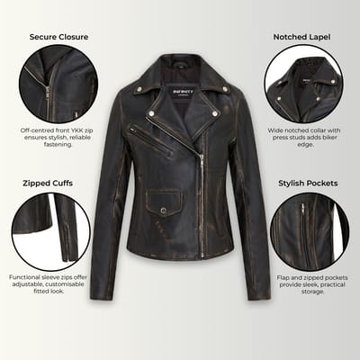Vintage zwarte klassieke Brando biker leren jas voor dames - Broome