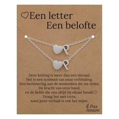 Letter P ketting + armband set op Cadeau Kaartje - Een letter, een belofte - Zilverkleurig Stainless Steel - Initiaal & Hartje Hanger - Pax Amare