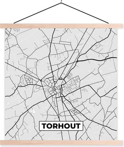 Posterhanger incl. Poster 40x40 cm - Schoolplaat - Zwart Wit – België – Plattegrond – Stadskaart – Kaart – Torhout - Textielposter - Blanke latten - Stadskaart