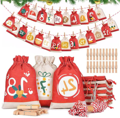 Vulbare adventskalender voor kinderen met 24 stoffen zakjes, perfect voor de feestdagen en kerstdecoratie