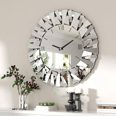 Grote Ronde Wandklok Spiegel 80x80 cm Stil Decoratief Kunstwerk Zilver Glas