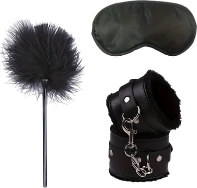 LekkerStout Bondage Beginners Set - Handboeien, Blinddoek, Kietelveren - Zwart - BDSM Toys | ( LS121 )