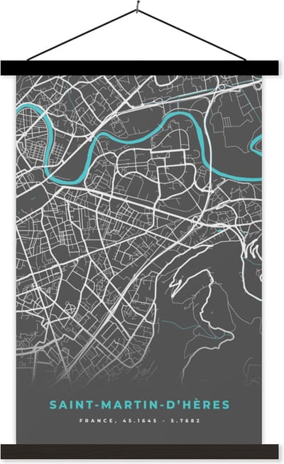Posterhanger incl. Poster 40x60 cm - Schoolplaat - Saint-Martin-D'Hères - Frankrijk - Plattegrond - Stadskaart - Kaart - Textielposter - Zwarte latten - Stadskaart