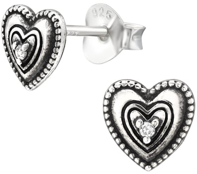 Joy|S - Zilveren hartje oorbellen - massief - 6 mm - zirkonia - geoxideerd