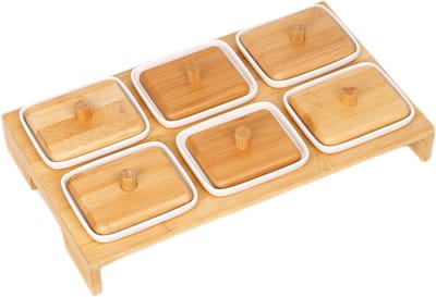 Cheffinger Snackschaal met 6 Bakjes - Bamboe - Borrelpank - Tapasschaal - Serveerschaal
