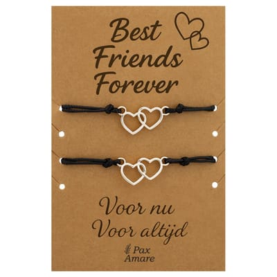 Vriendschapsarmbandjes voor 2 "Best Friends Forever" - Verbonden Hartjes - BFF Armbandjes met Persoonlijk Cadeau Kaartje - Zilverkleurig - Elastisch Verstelbaar - Pax Amare