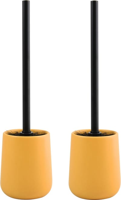 MSV Toiletborstel in houder/wc - 2x - borstel Malmo - keramiek/rvs - geel/zwart - 39 x 10 cm
