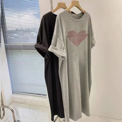 T-shirtrok van puur katoen voor dames, zomer, grote maat, losvallend, medium en lang, T-shirt met korte mouwen, top, temperamentvol, dun, knielengte jurk L gray