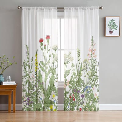 Vintage Kruidenplant Bloem Transparante Gordijnen voor Woonkamer Decoratie Raamgordijnen voor Keuken Tule Voile Organza Gordijnen W135 x H115cm x1 white