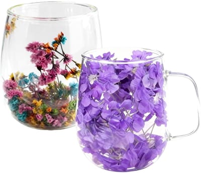2 glazen dubbelwandige koffiebekers, 350 ml, met gedroogd bloemenmotief, prachtige koffiebekers met handvat, geïsoleerd, hittebestendig, glazen koffiebekers, cadeau-ideeën voor vrouwen