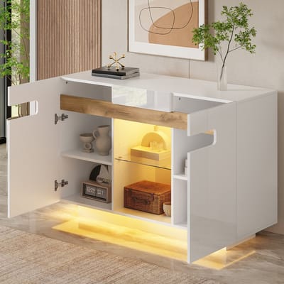 REDOM - Dressoir Met Ledverlichting En Open Vakken - Modern - Voor Woonkamer Of Keuken - Spaanplaat En Glas - Wit En Houtlook - 120 X 40 X 80 Cm